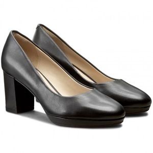 Clarks Kelda Hope Black Leather Chunky Heel Pump